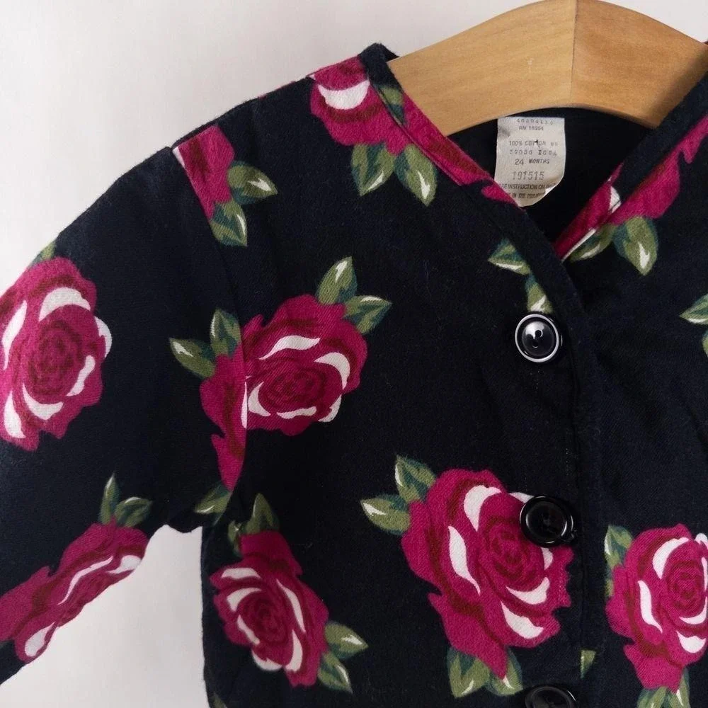 Vintage 90s Baby Togs Padded Rose Floral Print‎ Jacket Boho Black Pink Girls 24m